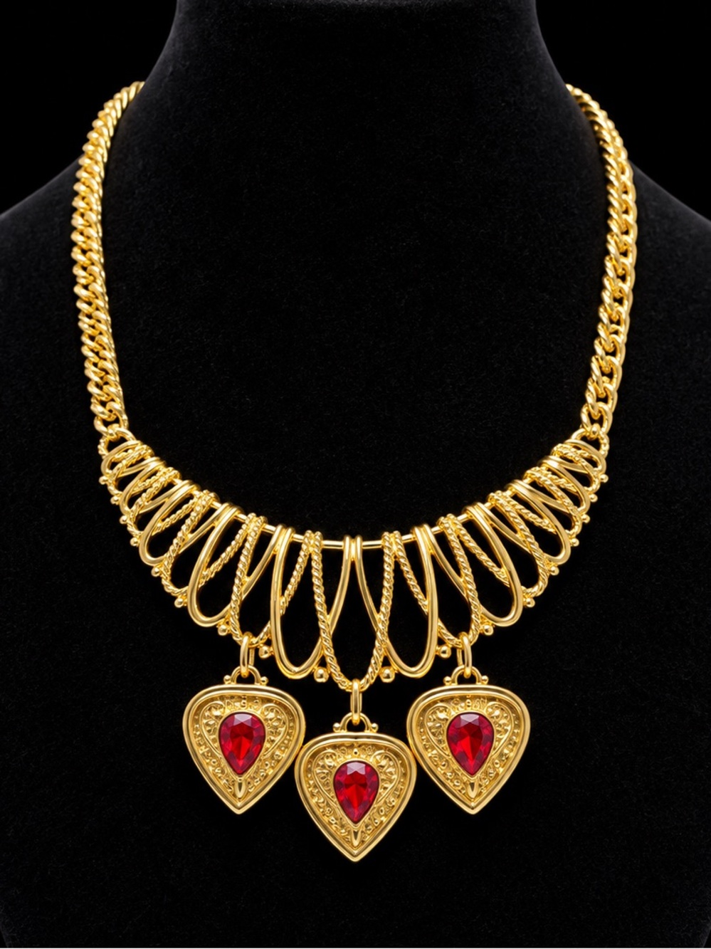 Gold-Tone Necklace with Red Heart Pendants - Women Jewelry